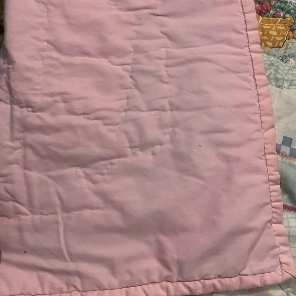 Vintage Quilted Embroidered Kitschy Baby Blanket 34 x 43 Pastels Bunny Cottage‎